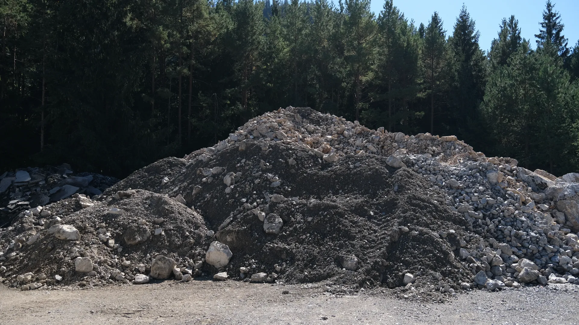 Haufen aus dunklem, grobem Material vor Nadelwald